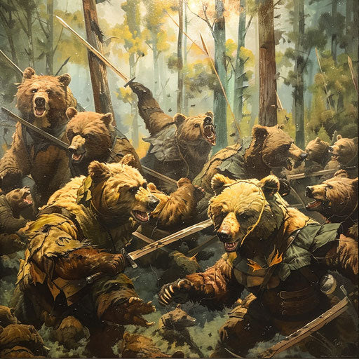 Epic battle of warrior bears in a mythical forest