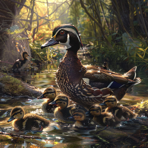 Intimate moment of a wood duck with ducklings, navigating a gentle stream