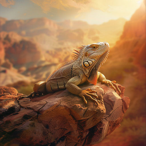 Iguana basking on a sunlit rock with a desert landscape