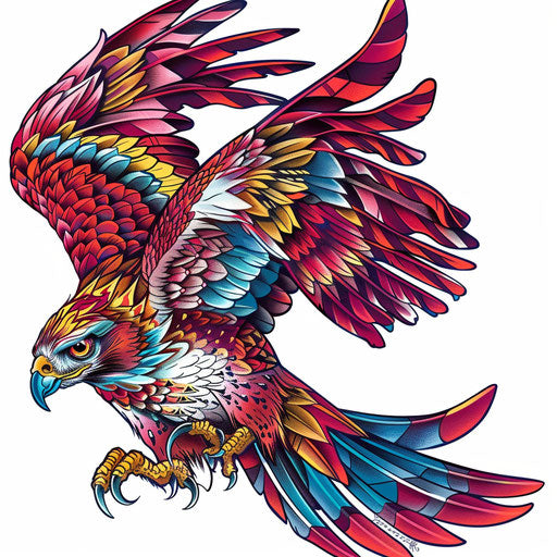 Vibrant neo-traditional hawk tattoo illustration