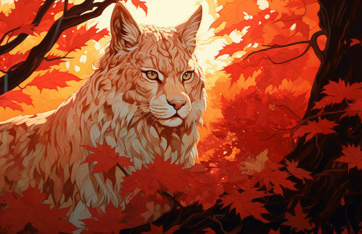 Young lynx in forest, light red and gold style, manticore 17:11