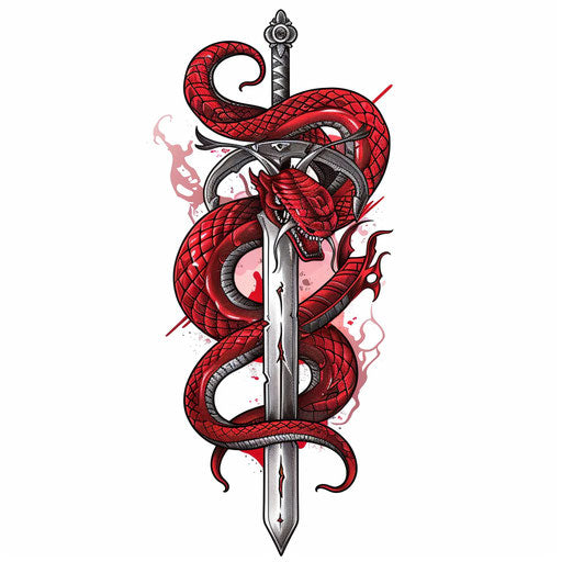 Heroic flat tattoo sketch of a red snake entwined with a sword, bold reds and metallic silvers, clipart design