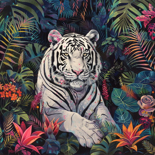 Vibrant life around a white tiger in a tropical forest