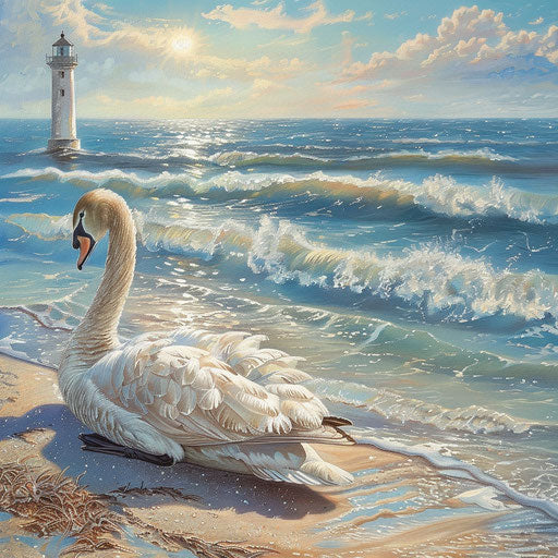 Swan on sunny beach with gentle waves and distant lighthouse