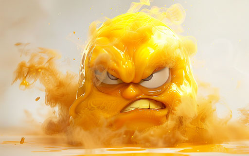 Angry yellow face on white background, smokey orange and beige