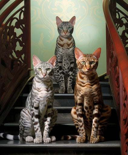Three Bengal cats climbing stairs
