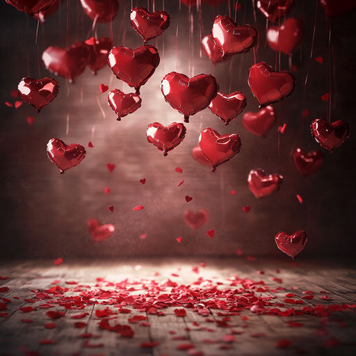 Heart-shaped balloons and rose petals on black background