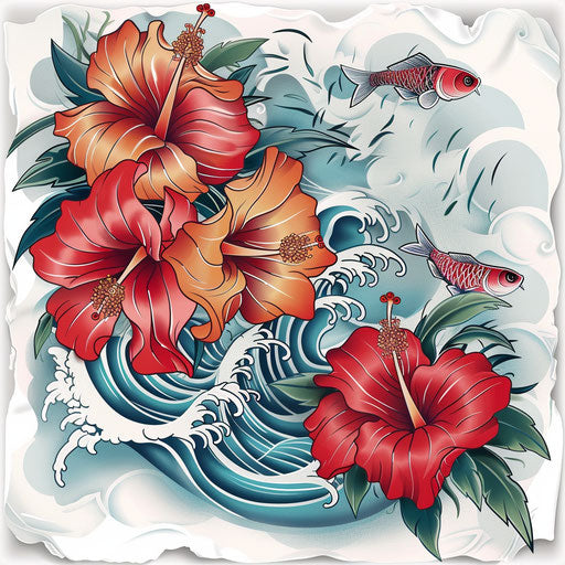 Traditional hibiscus with waves and koi fish