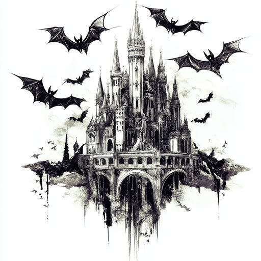 Flat tattoo sketch with gothic theme of bats and castle
