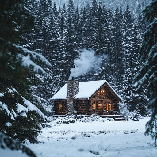 Comfortable cabin in the forest, smoke rising from the chimney, surrounded by snow-laden pine trees