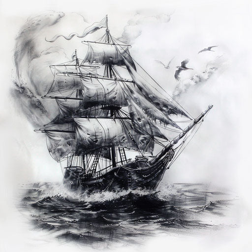 Spectral ship cruising stormy seas, eerie tattoo art on clean white canvas.