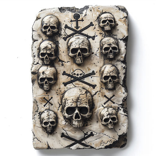 Tattoo of ancient pirate curse tablet with mysterious symbols and skulls, etched on white background