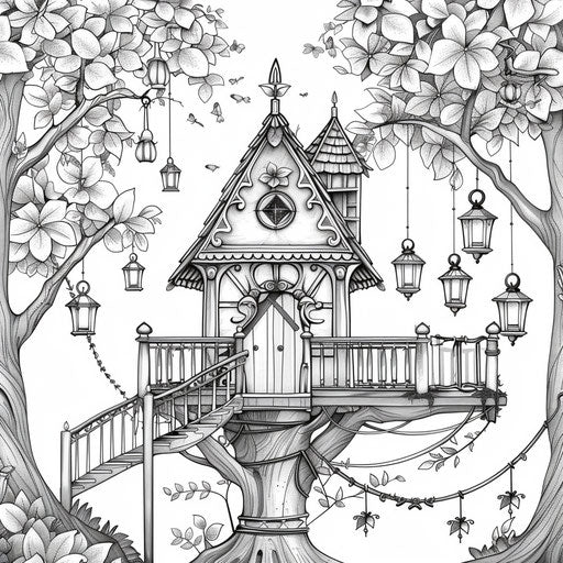 Enchanted treehouse with hanging lanterns and vines