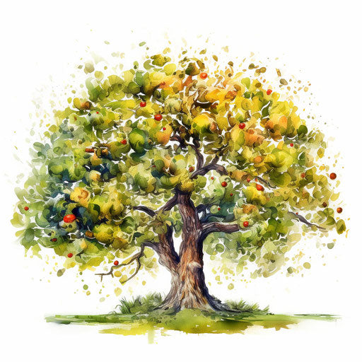 Apple tree clipart in the style of Impressionistic Art, on white background