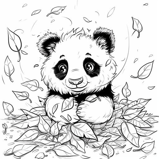 Cute panda surrounded by autumn leaves, Andy Marlette style