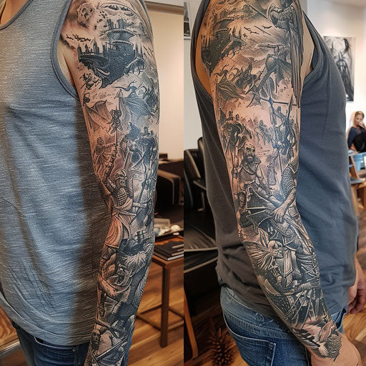 Sleeve tattoo of elaborate epic battle scenes