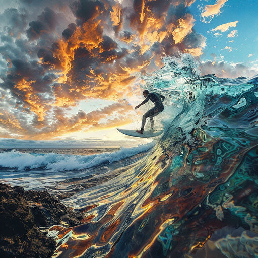 Glass Beach with surfer under dramatic sky