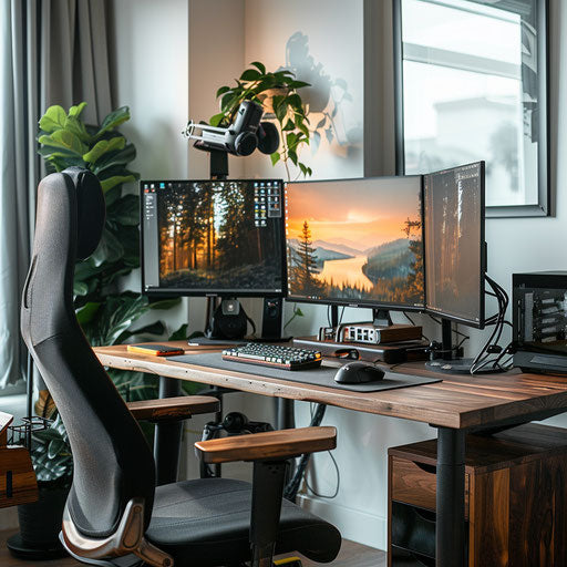 Home office setup with dual monitors, ergonomic chair, and modern desk