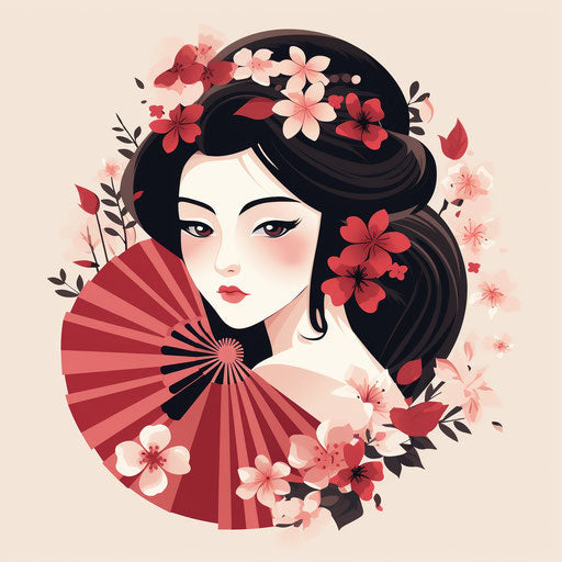 Fan with flowers drawn in minimalistic Japanese style