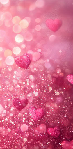 Pink background with numerous hearts, blurred lights, romantic