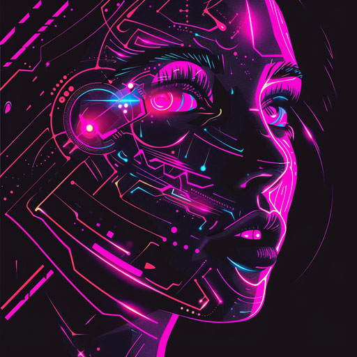 Futuristic flat clipart style sketch for a girly tattoo with cybernetic patterns and neon lights