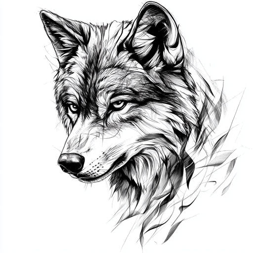 Wolf tattoo for men with intense gaze on white background