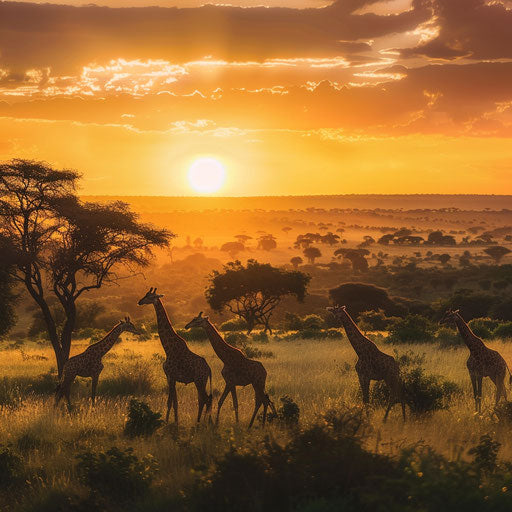 Golden savanna with giraffes moving in harmony with nature