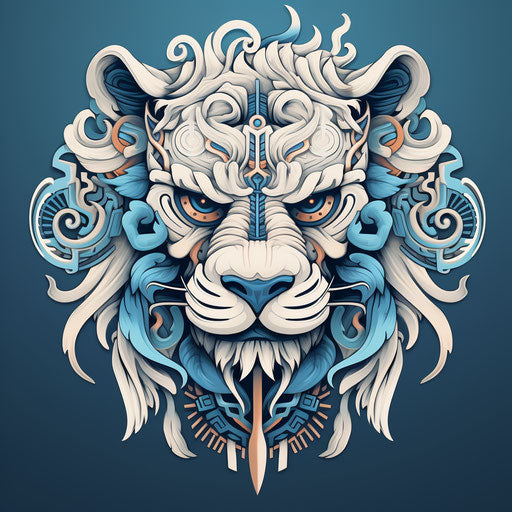 Tinker's lion illustration, techno shamanism style, white and blue