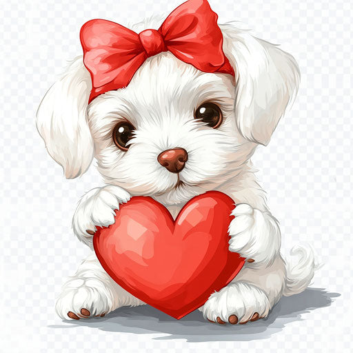 White Maltese Puppy with Red Ribbon Bow and Heart in Paws