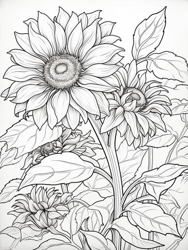 Sunflower coloring page with leaves and flowers