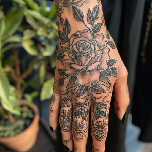 Rose hand tattoo in the style of Maria Sibylla Merian with intricate rose details