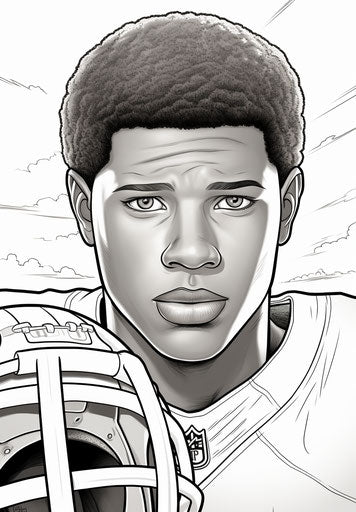 Football player coloring page, colorful skies style, realistic details, spirited portraits, precise lines