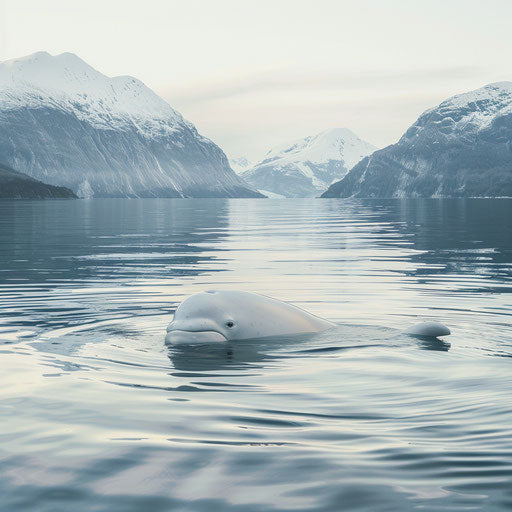 Beluga whale in calm waters with snow-capped peaks