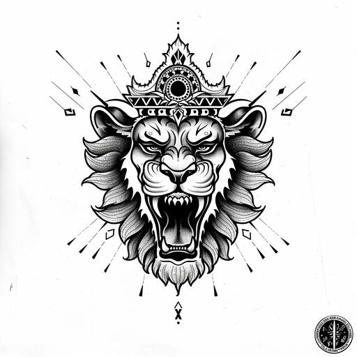Bold tattoo sketch for a Sak Yant tattoo with a roaring lion head in a striking clipart style