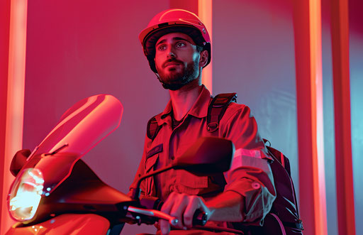 Delivery driver on scooter, light red and maroon style, internet academia