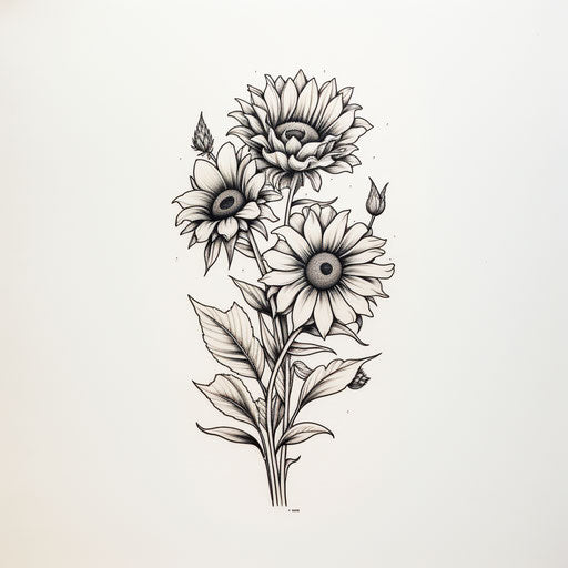 Drawings of sunflowers in black and white, minimalist style