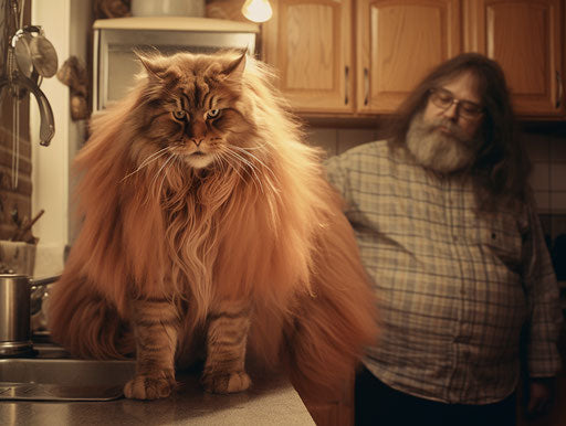 Man holding large long-haired cat in kitchen