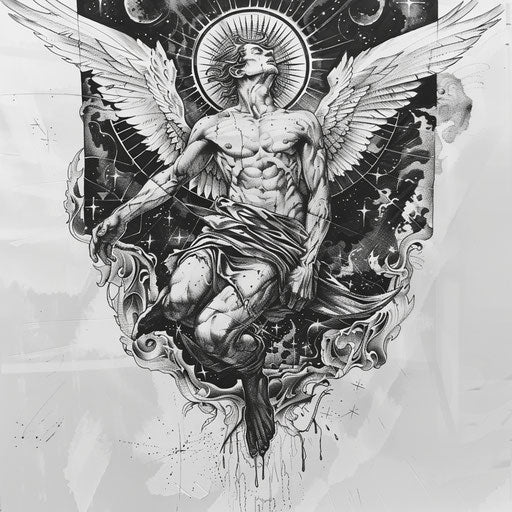 Dynamic flat tattoo sketch of Lucifer falling from heaven surrounded by abstract celestial motifs