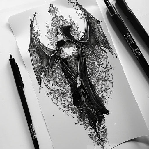 Elegant flat tattoo sketch of a vampire with Victorian cloak and intricate lace details