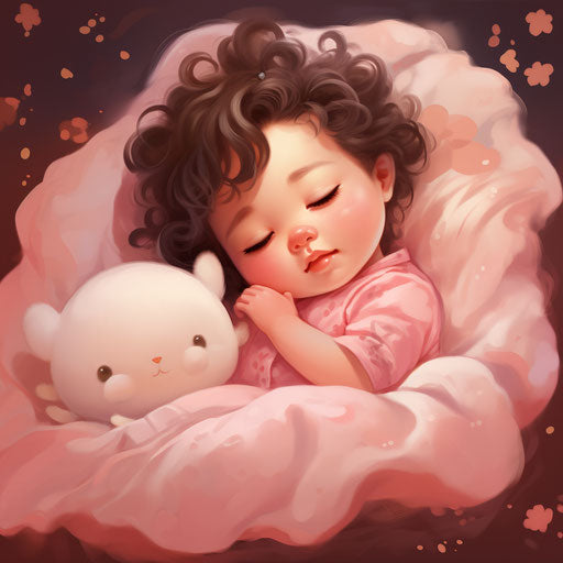 Sleeping baby on pastel pillows, cold atmosphere