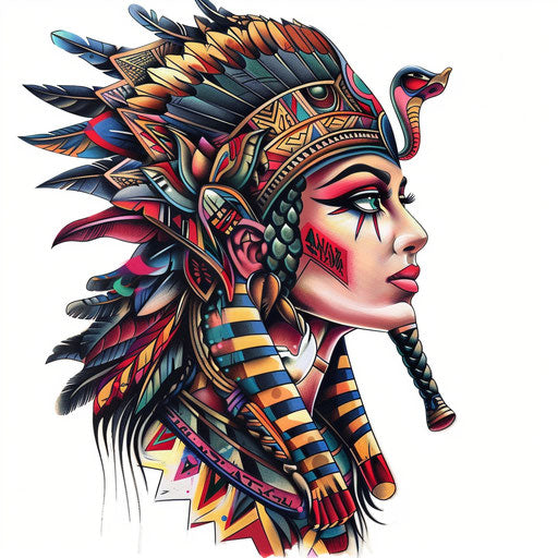 Surrealistic Cleopatra tattoo stencil blending Egyptian symbols, colorful on white