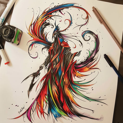 Vibrant flat tattoo sketch of a shinigami with a scythe