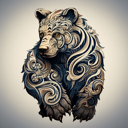 Tribal bear with floral pattern in art ink graphic design