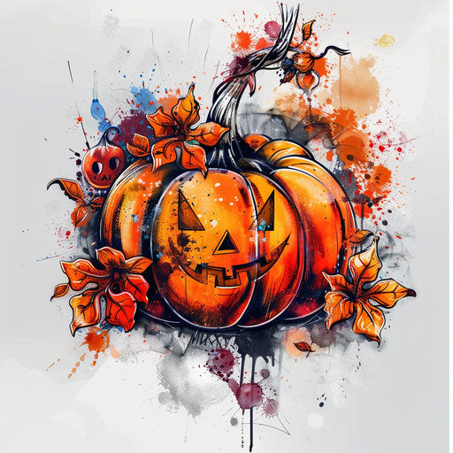 Artistic sketch of pumpkin with watercolor splashes