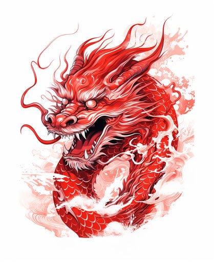 Chinese dragon tattoo, light red, suspension, white