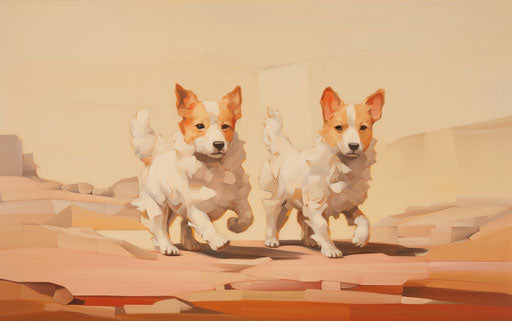 Two small puppies walking on gravel, light maroon and light gold style