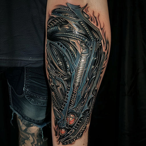 Biomechanical tattoo with sci-fi aesthetics