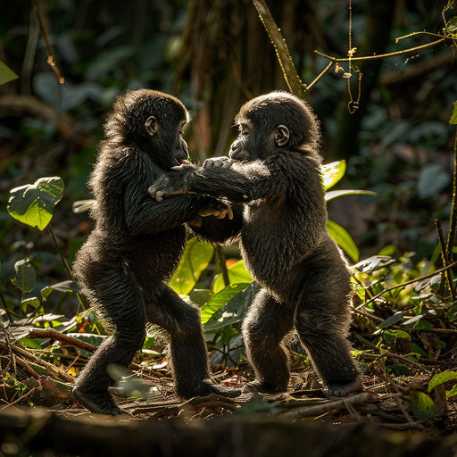 Playful wrestling of young gorillas in a sunlit forest