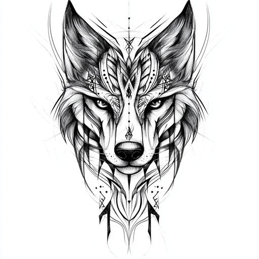 Stylized tribal wolf tattoo sketch on white background
