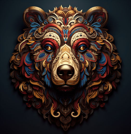Bear head painted with dark maroon and light brown, neotraditional design